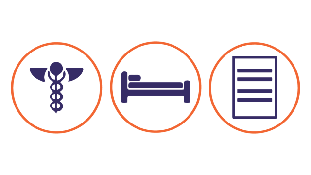 Hospital Icons showing 3 drawings: one with the medical symbol, one with a bed drawn, one with a rectangle with 4 lines in the rectangle depicting text. All icons have circles around them.