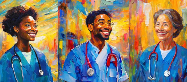 Paintings of three medical professionals each with a stethoscope around neck