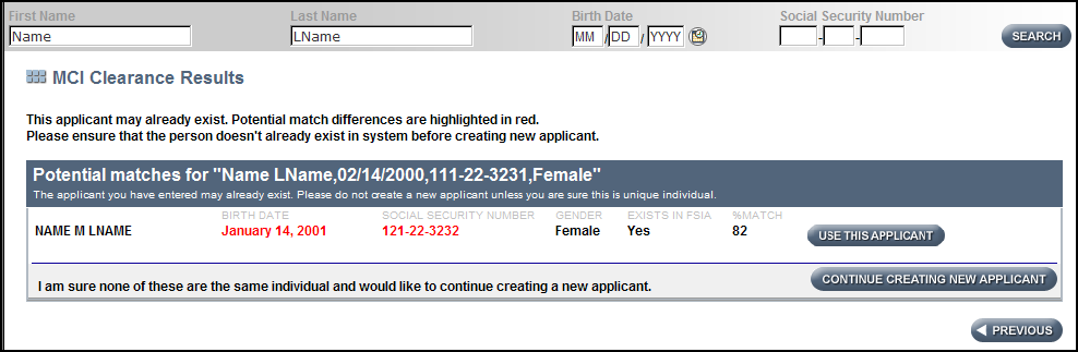Applicant may exist already on CLTSFS screenshot.