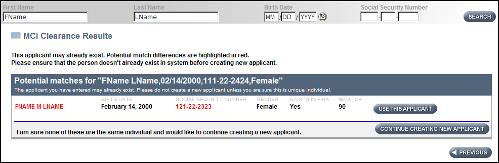 Applicant already exists on CLTS screening