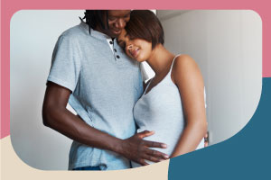 Couple, Person with hand on pregnant person's belly, no logo
