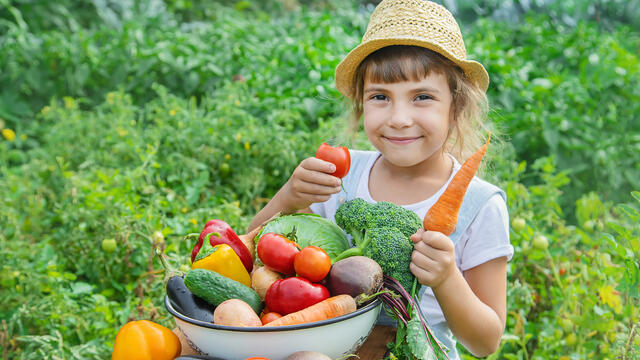 Child in a garden with a bowl of veggies
