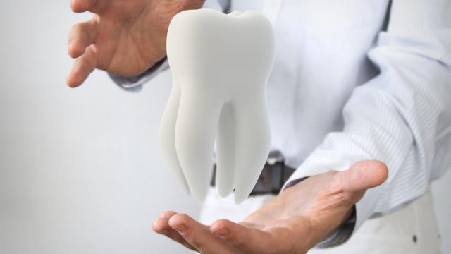 A large tooth floating between two hands.