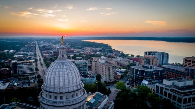 Drone image of the Madison, WI capitol dome at sunrise