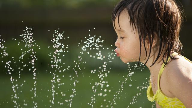 Toddler drink water from a sprinkler.
