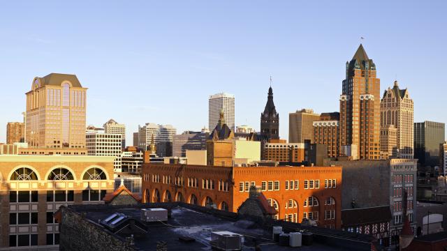 Downtown Milwaukee skyline with sun casting shadows