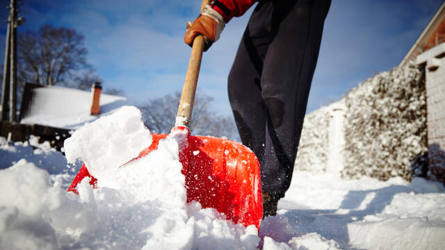 A person cleans the sidewalk with a snow shovel