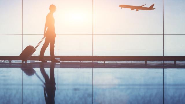 Silhouette of a passenger pulling luggage against a glass window and an airplane taking off.
