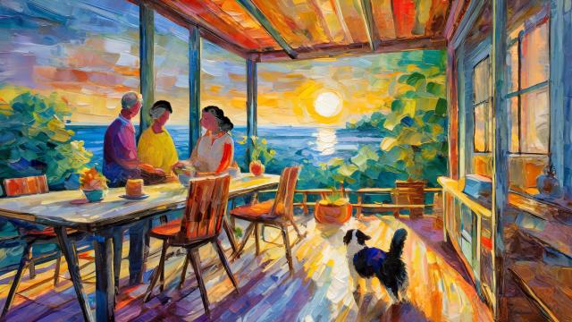 Illustration of three people and a dog on a porch at sunset/.