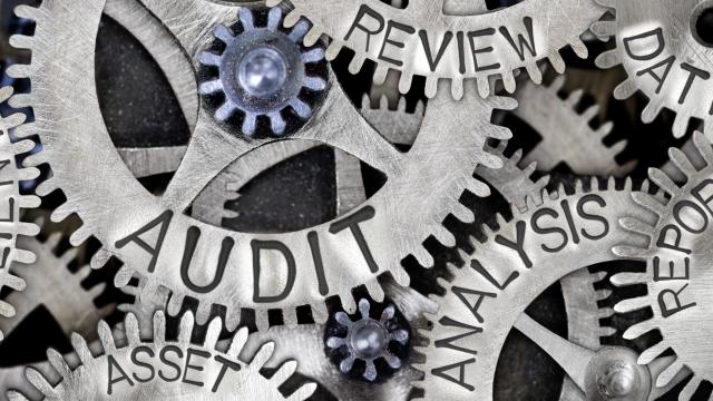 Words: audit, review, data, report, client, analysis, asset written on gears