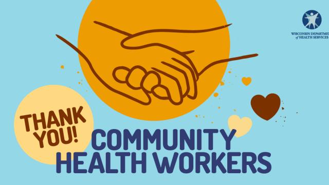 Facebook post showing a drawing of 2 hands intertwined with text against a blue background reading, "Thank you Community Health Workers."