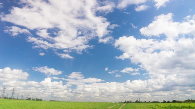 Green fields with a dirt road under a blue sky with fluffy clouds
