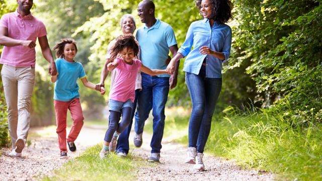 Two happy families walking in the forest on a trail.