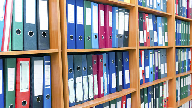 Shelves of binders.