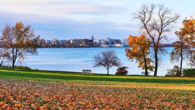 Lake Monona and Madison skyline in autumn.