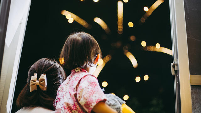 Adult and child watching fireworks by a window