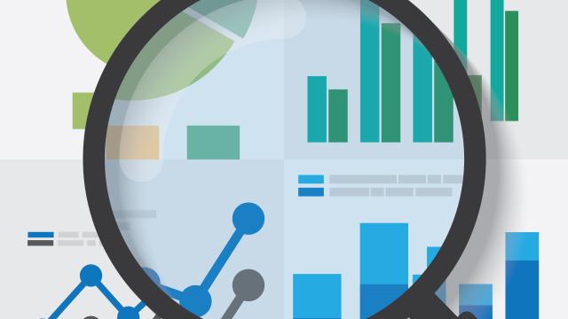 Magnifying glass over four data panels.