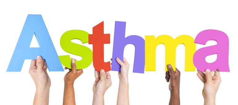 Each letter spelling the word, Asthma, is being held up by different people's arms