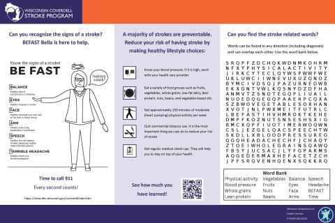 BE FAST Placemat with activities to identify signs and symptoms of stroke