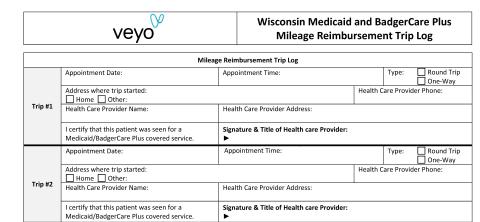Veyo Medicaid and BadgerCare Plus Mileage Reimbusement Trip Log