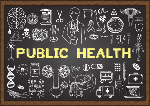 Public Health written on a blackboard surrounded by illustrations of health items