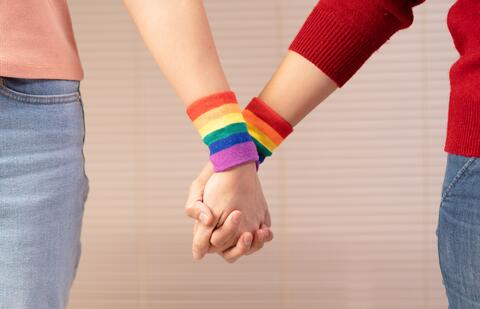 Two adults with rainbow cuffs hold hands