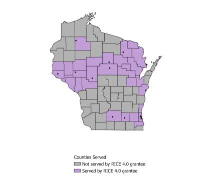 State of Wisconsin map depicting the counties served by the RICE 4.0 grantees