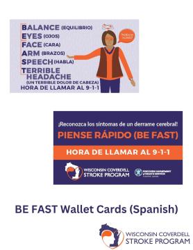 Wallet card with BE FAST sign and symptom of stroke acronym.