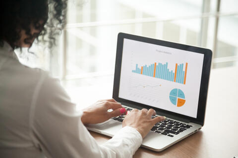 An adult analyzing charts on the laptop in office.