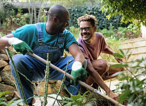 A couple tending a garden.