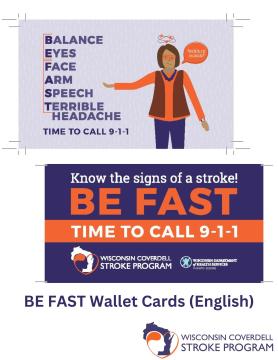 Wallet card with BE FAST acronym for signs and symptoms of stroke.