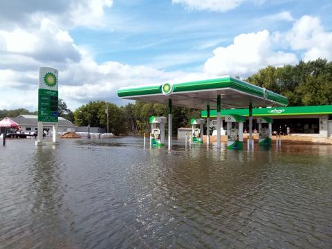 A flooded BP gas station