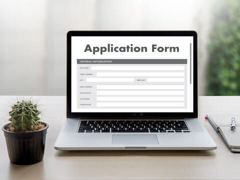 Application form on a laptop with a small cactus plant next to it