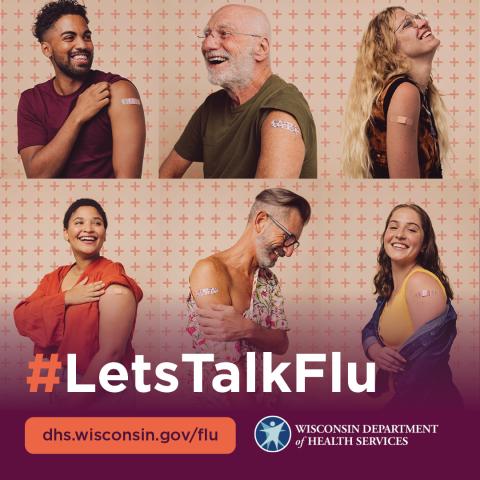 Six adults showing arm with band aid. #LetsTalkFlu