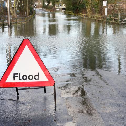 A white triangle with red trim sign, flood, set on flooded road