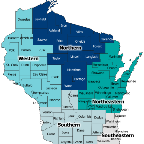 Map showing the Public Health regions of Wisconsin