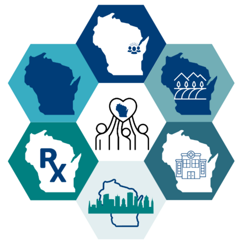 Drawings showing 6 images of the shape of Wisconsin in a circle with a drawing of 3 people holding up a drawing of a heart.