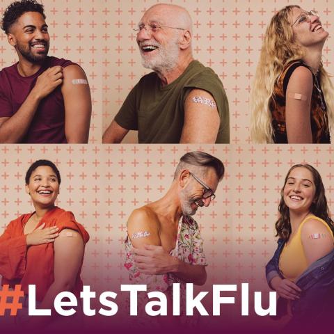Six adults showing arm with band aid. #LetsTalkFlu