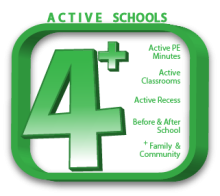 Core 4+ logo showing a large number 4 with a + sign. The title reads Active Schools, Active PE Minutes, Active Classrooms, Active Recess, Before and After School, + Family and Community
