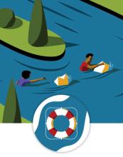 An illustration of two people struggling to stay above water in a rushing river
