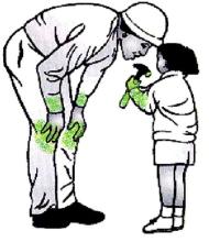 Illustrated of a worker talking with a child holding a hammer.