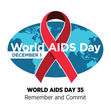 World AIDS Day 2023 logo showing a red ribbon in front of a blue world image with the words "World AIDS Day 30, Remember and Commit"