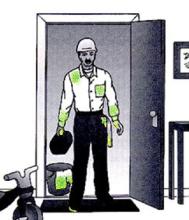 Illustrated of a worker standing in a doorway dressed in gear to clean lead.