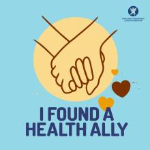 Instagram post showing a drawing of to hands intertwined with text against a blue background reading, "I Found A Health Ally"