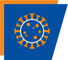 Symbol of orange COVID virus on blue background over orange