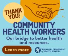 Banner ad showing blue text against a blue background reading "Thank you! Community Health Workers. Our bridge to better health and resources."