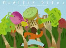 Healthy Bites Cover showing 8 forks holding various vegetables. The title reads, Healthy Bites