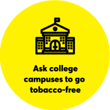 Yellow circle with school symbol: Ask college campuses to go tobacco-free