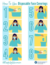 How to use disposable face coverings in eight steps. #MaskUpWisconsin