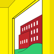 Illustration of building through a window